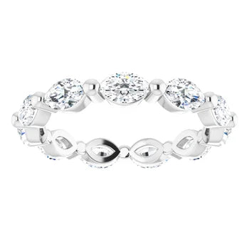 Load image 1 in gallery view. Face view of the 14K white gold eternity band, marquise lab-grown diamonds laid sideways with a single prong between each stone