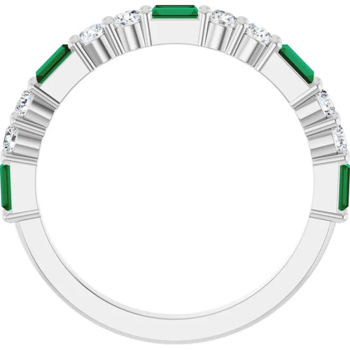 Load image 1 in gallery view. Lab-grown emerald and diamond band seen face-on through the finger opening, showing the half-eternity layout