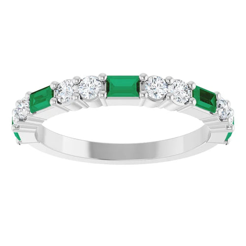Load image 1 in gallery view. Front view of the white gold band with emerald baguettes alternating with pairs of round lab-grown diamonds