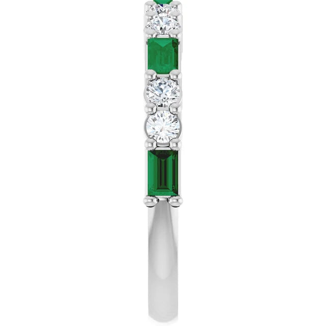 Top-down view of the band showing prong-set lab-grown emerald baguettes and paired round lab-grown diamonds
