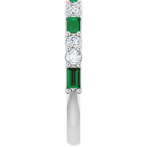 Load image 1 in gallery view. Top-down view of the band showing prong-set lab-grown emerald baguettes and paired round lab-grown diamonds