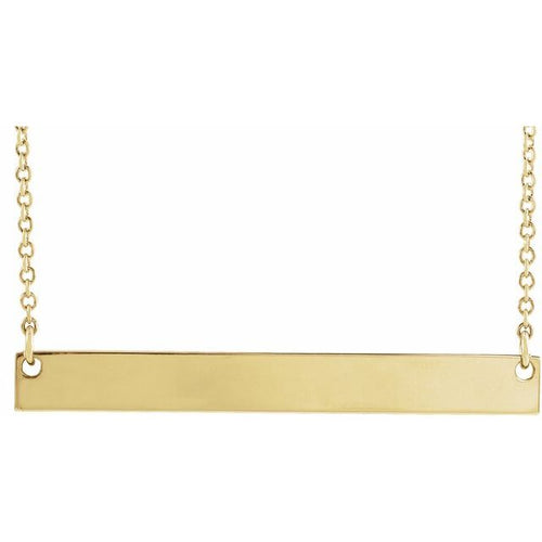 Load image 1 in gallery view. Polished 14K yellow gold engravable bar necklace shown blank, the bar set horizontally into a fine cable chain