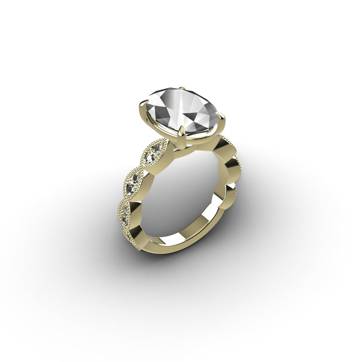 Custom 14K yellow gold oval lab-grown diamond engagement ring on a milgrain diamond band, render