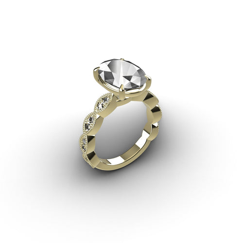 Load image 1 in gallery view. Custom 14K yellow gold oval lab-grown diamond engagement ring on a milgrain diamond band, render
