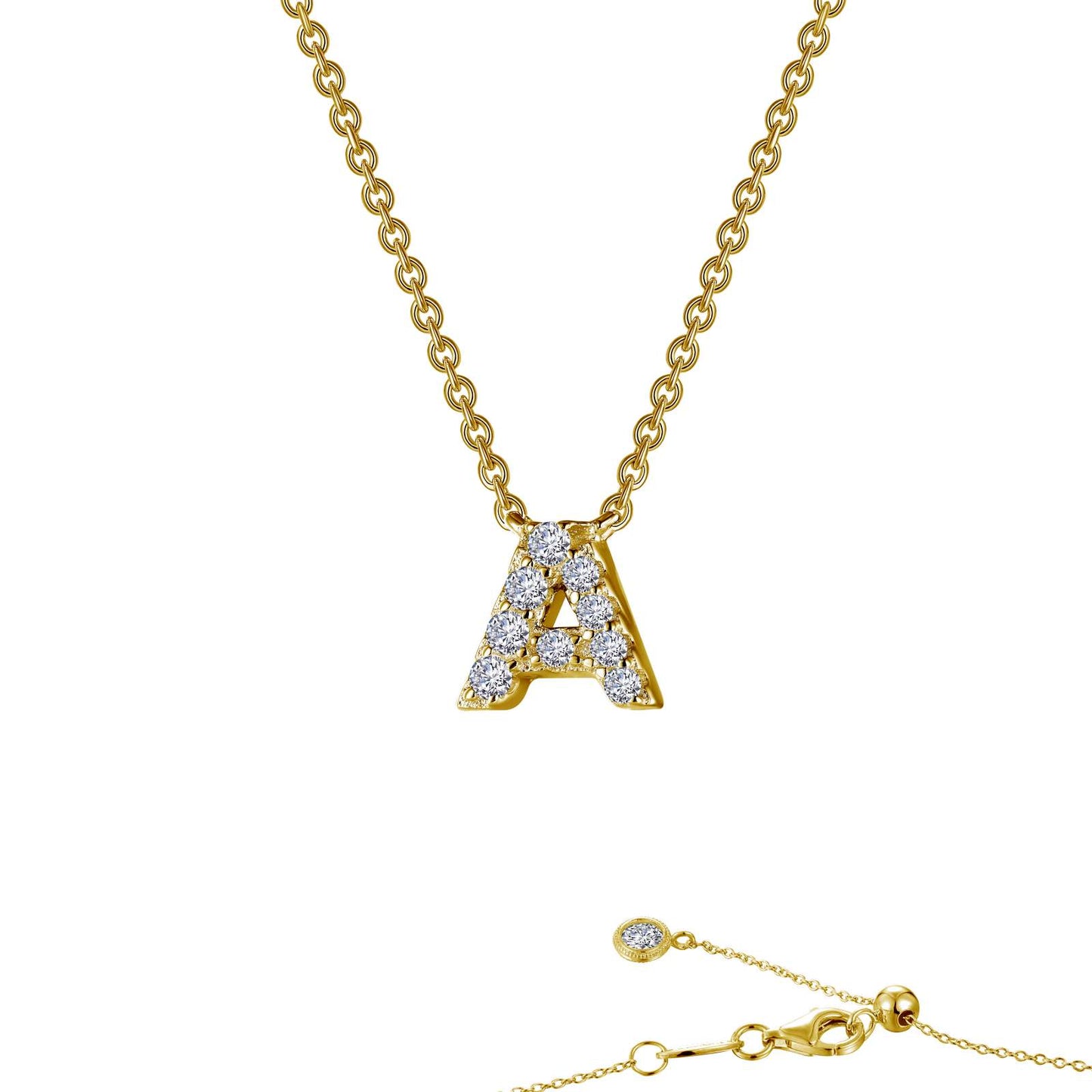 Lafonn block initial pendant in gold-finished sterling silver, letter A, pave-set with simulated diamonds