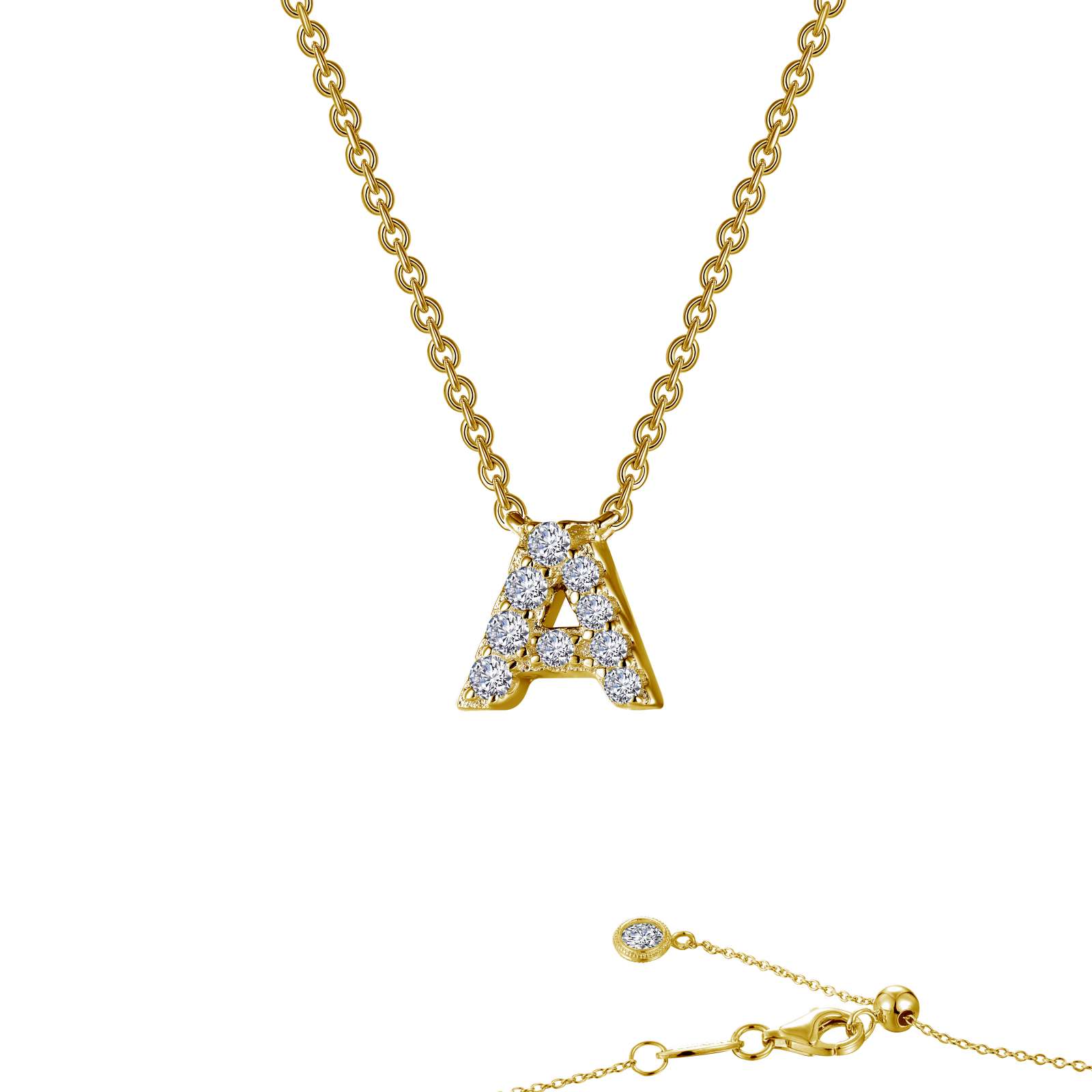 Lafonn block initial pendant in gold-finished sterling silver, letter A, pave-set with simulated diamonds