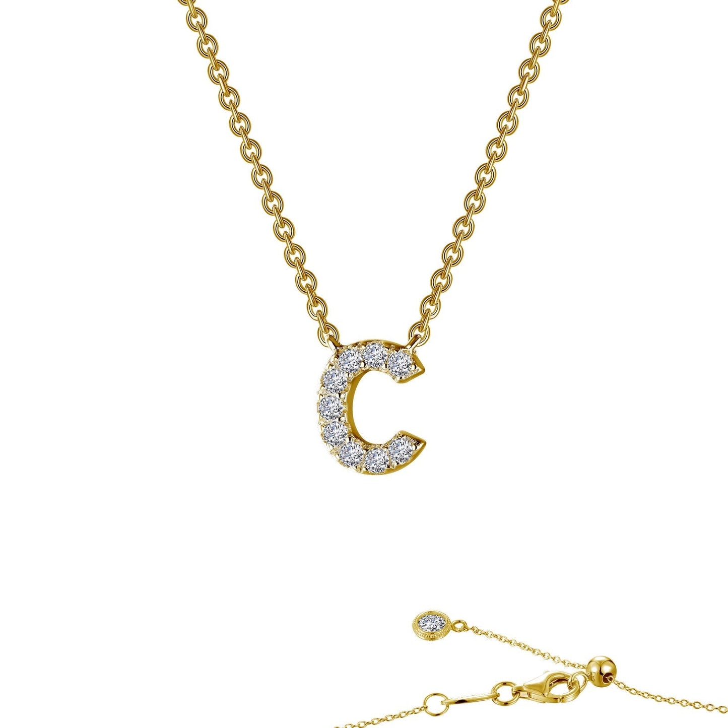 Lafonn block initial pendant in gold-finished sterling silver, letter C, pave-set with simulated diamonds