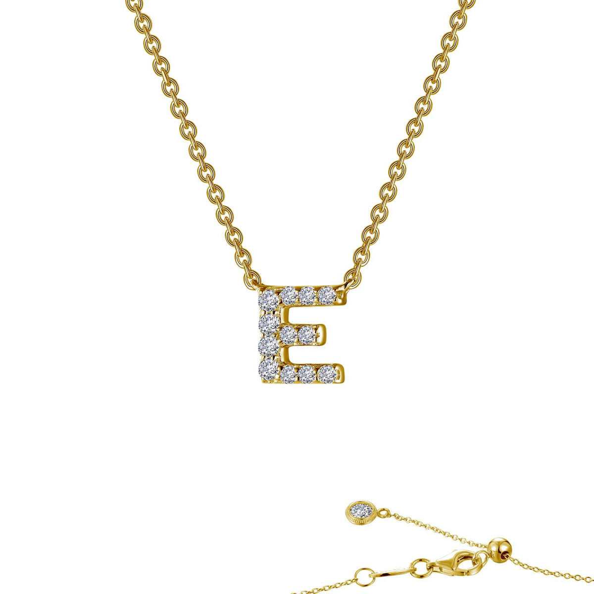 Lafonn block initial pendant in gold-finished sterling silver, letter E, pave-set with simulated diamonds