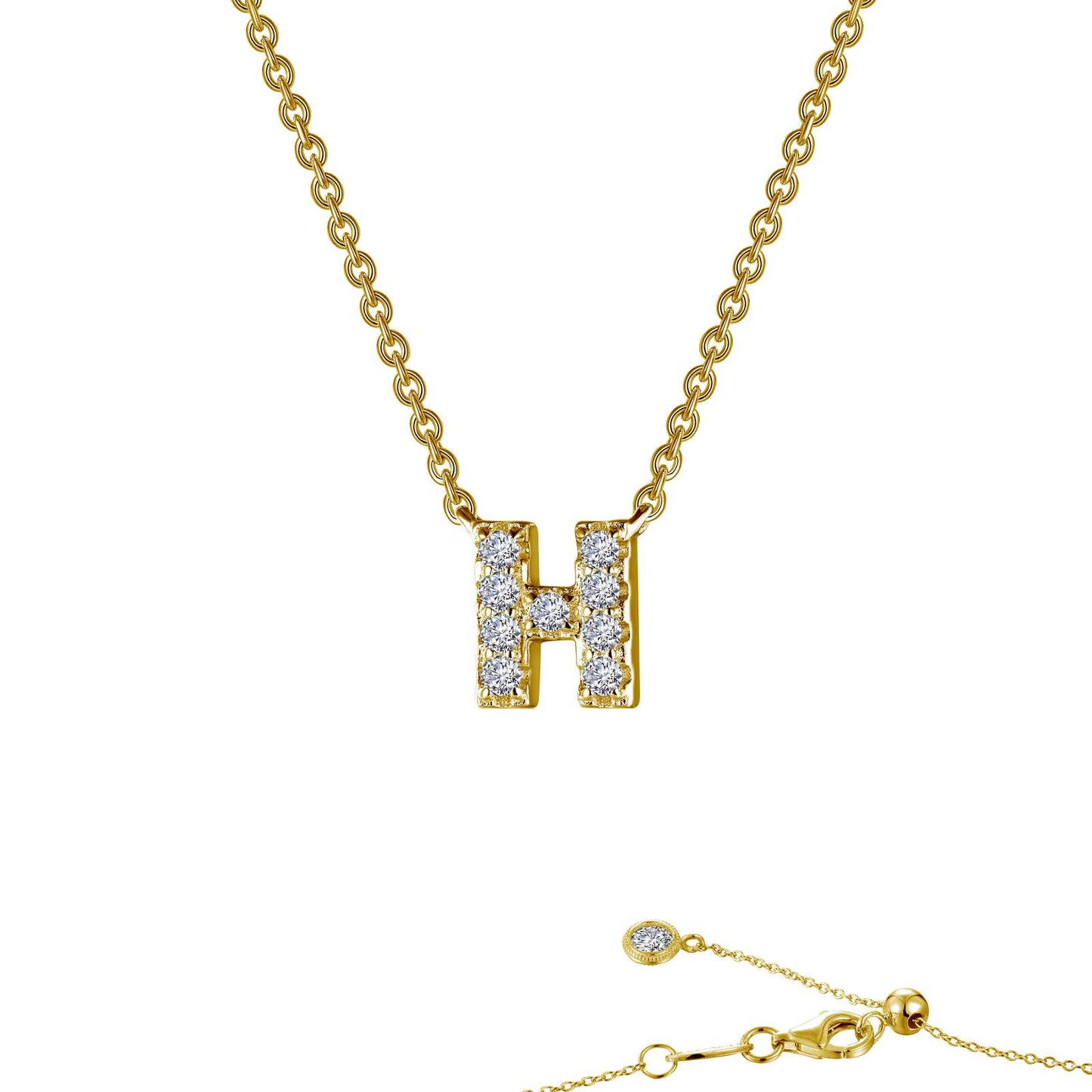 Lafonn block initial pendant in gold-finished sterling silver, letter H, pave-set with simulated diamonds
