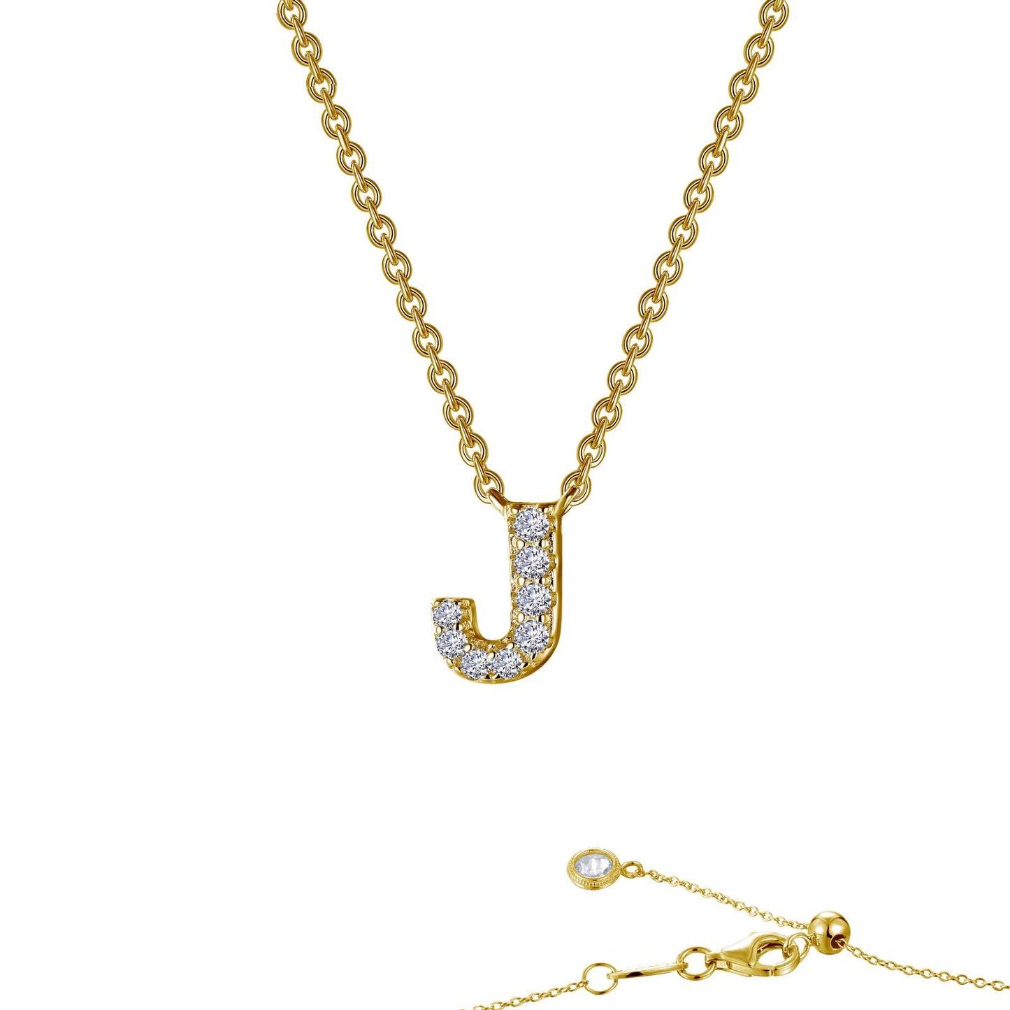 Lafonn block initial pendant in gold-finished sterling silver, letter J, pave-set with simulated diamonds