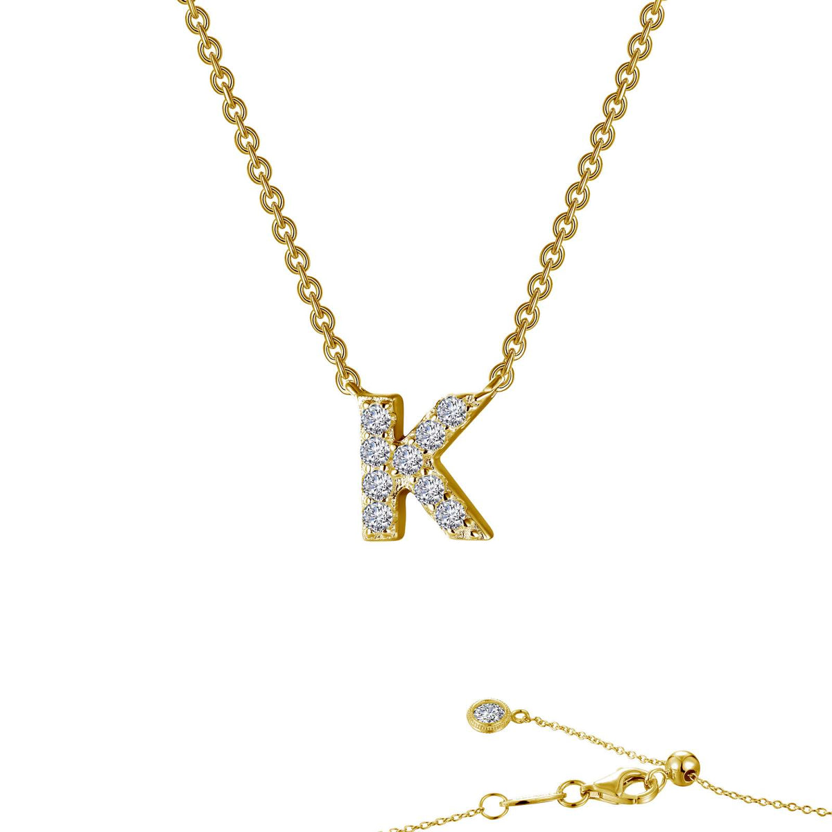 Lafonn block initial pendant in gold-finished sterling silver, letter K, pave-set with simulated diamonds