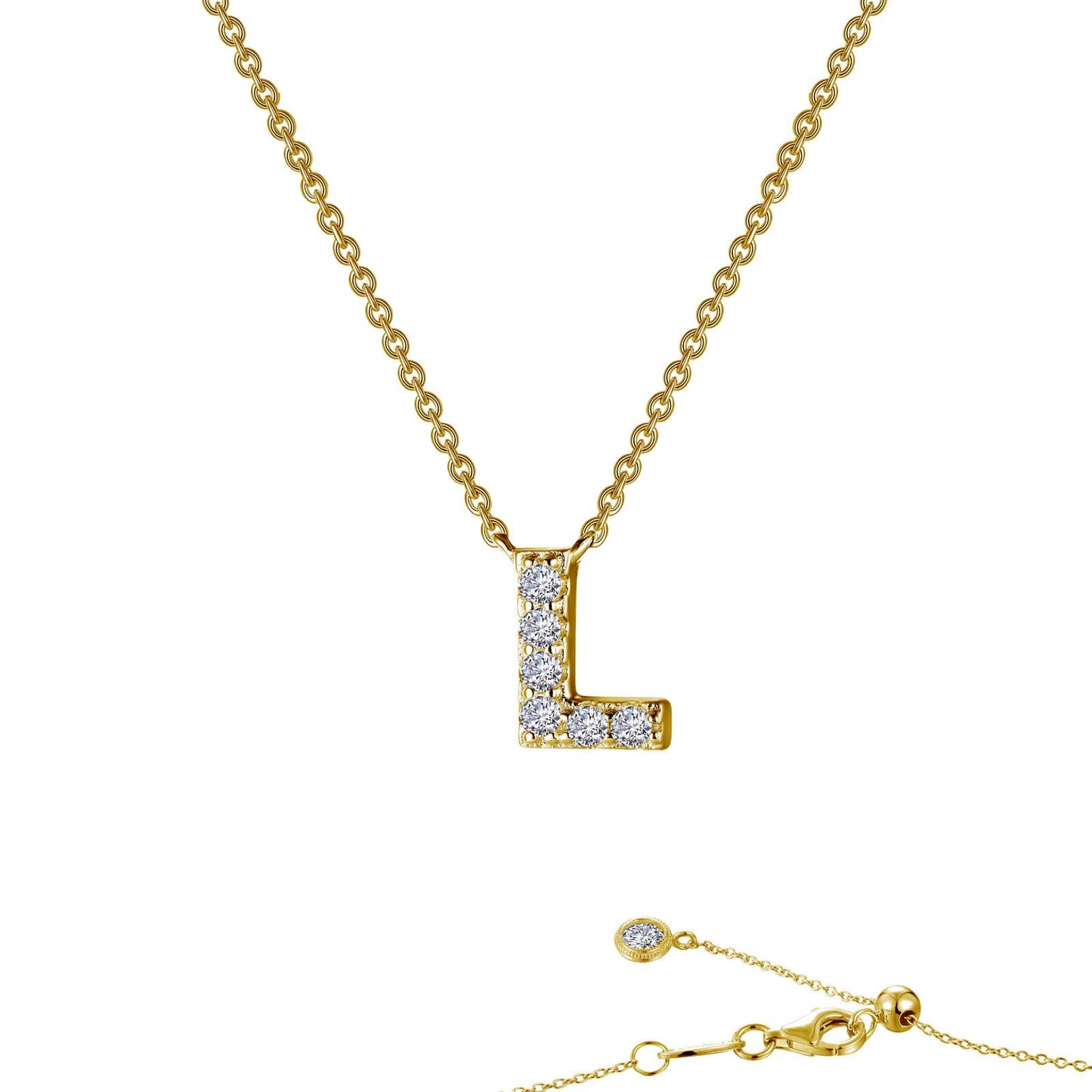 Lafonn block initial pendant in gold-finished sterling silver, letter L, pave-set with simulated diamonds