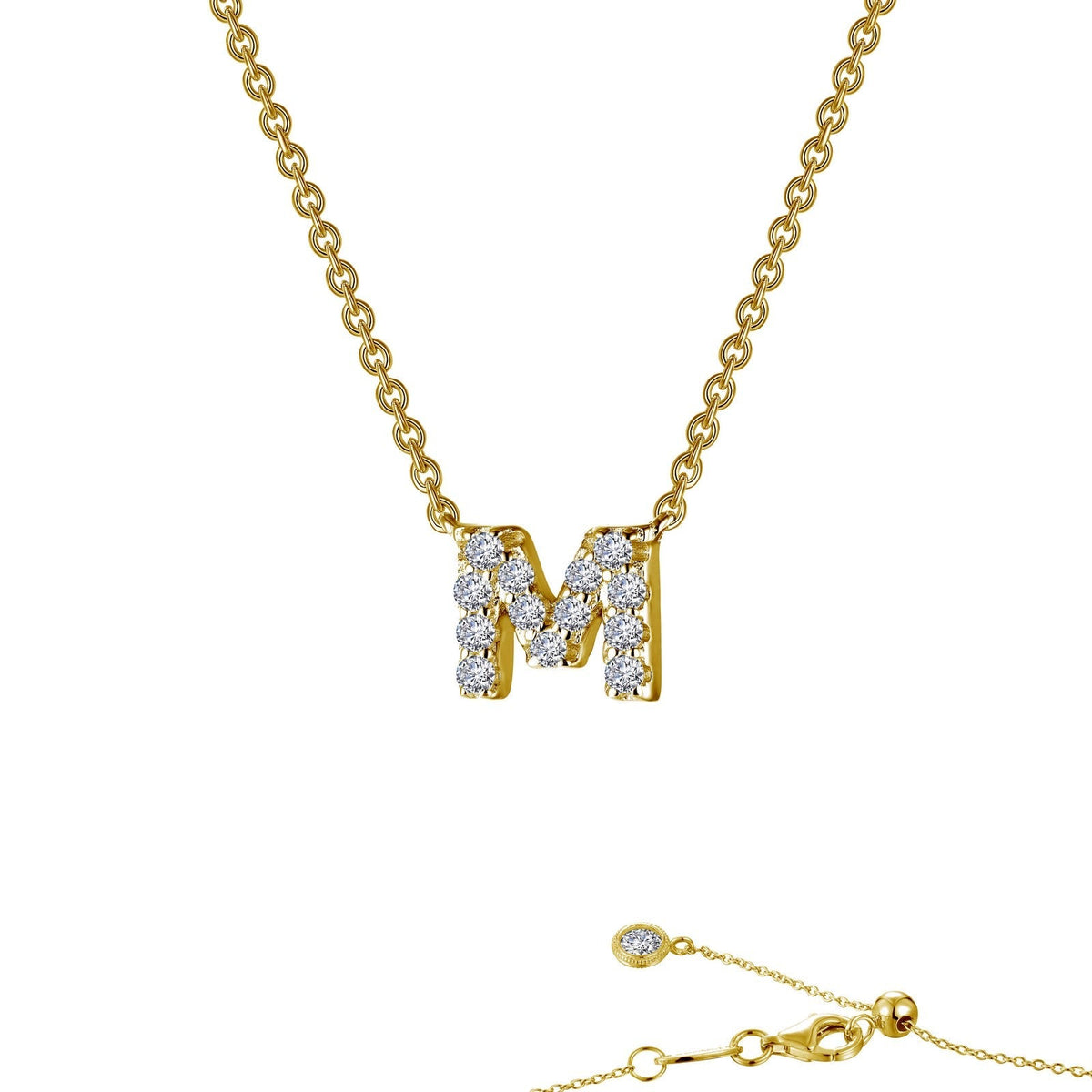 Lafonn block initial pendant in gold-finished sterling silver, letter M, pave-set with simulated diamonds