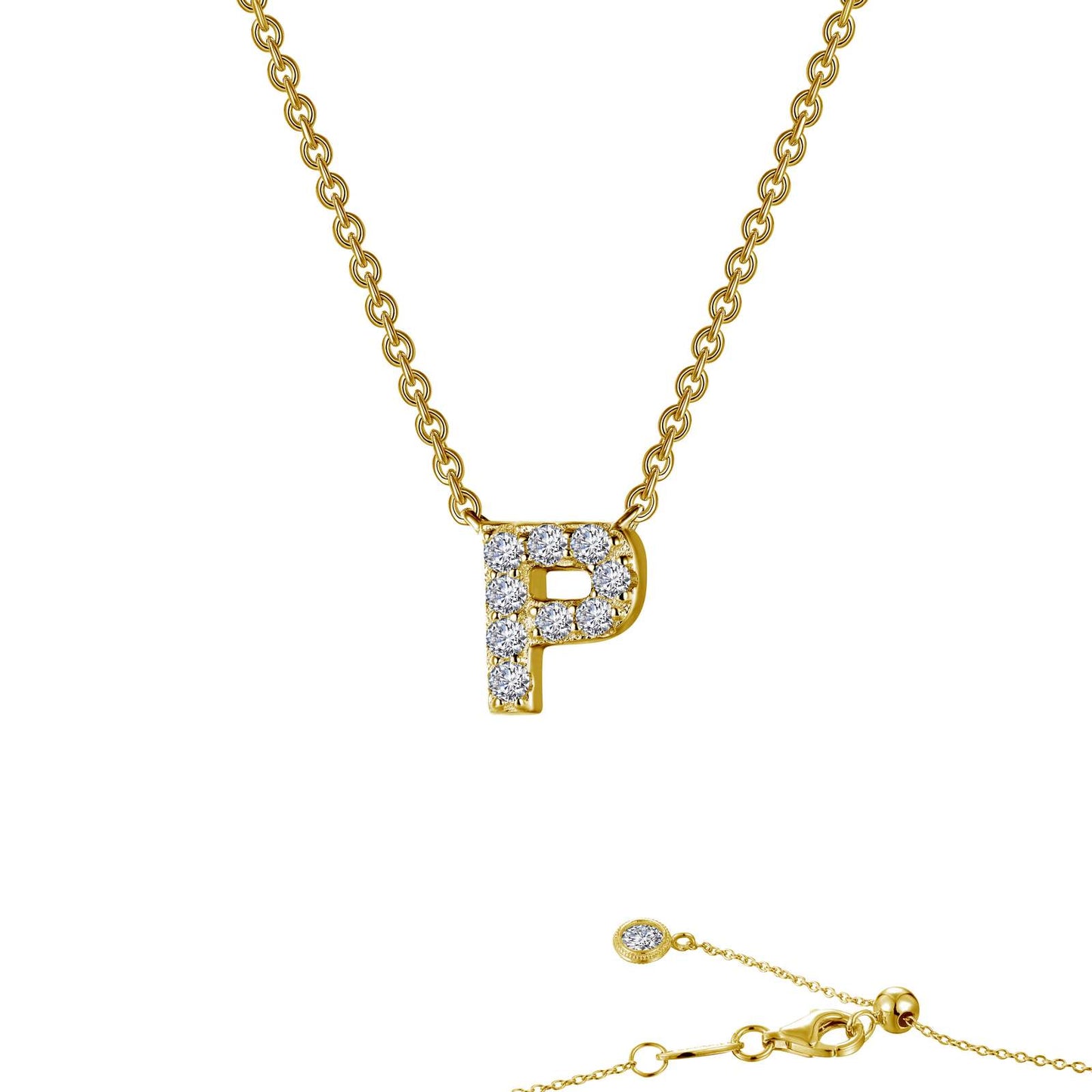 Lafonn block initial pendant in gold-finished sterling silver, shown in the letter P, pave-set with simulated diamonds on a gold-finished chain