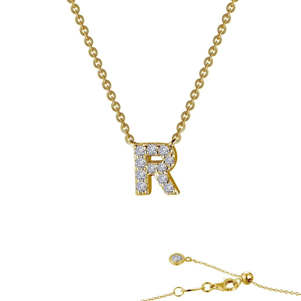Lafonn block initial pendant in gold-finished sterling silver, letter R, pave-set with simulated diamonds