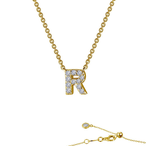 Load image 1 in gallery view. Lafonn block initial pendant in gold-finished sterling silver, letter R, pave-set with simulated diamonds