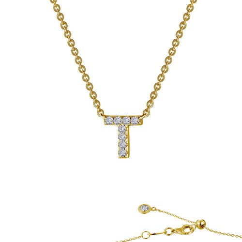 Load image 1 in gallery view. Lafonn block initial pendant in gold-finished sterling silver, letter T, pave-set with simulated diamonds