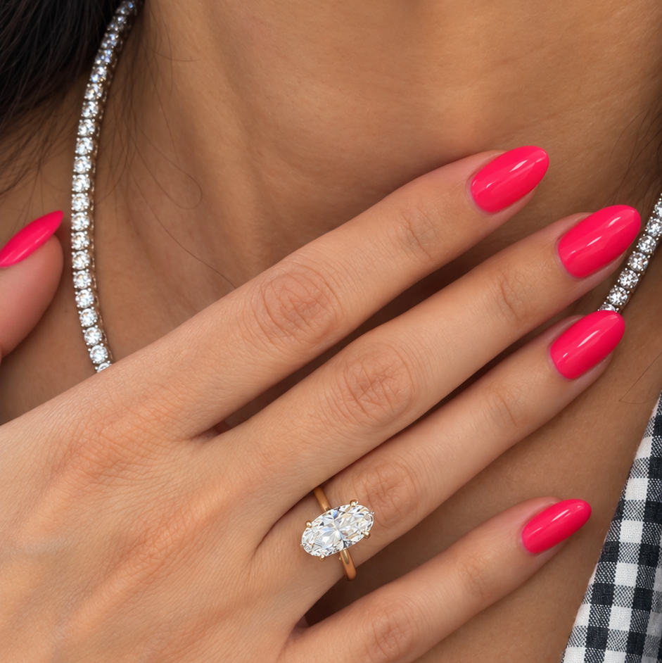 14K white gold lab-grown diamond tennis necklace worn at the collarbone