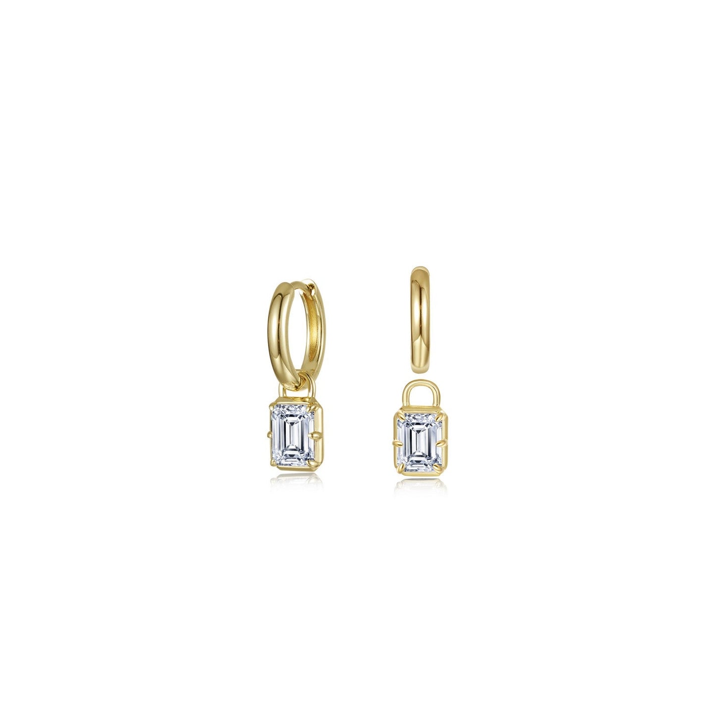 Lafonn's own product photo of the emerald-cut padlock huggie earrings in gold-finished sterling silver