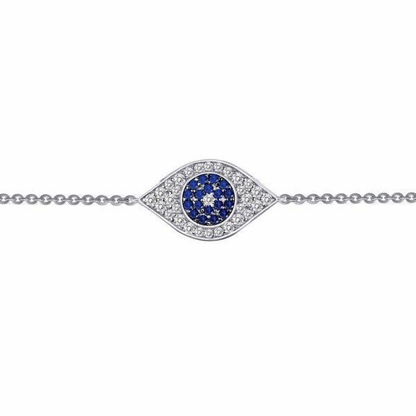 Lafonn evil eye bracelet in sterling silver, a lab-grown blue sapphire center ringed with simulated diamonds on a cable chain