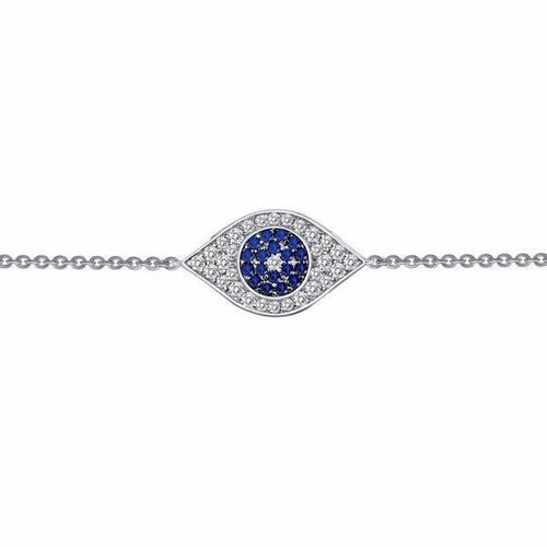 Load image 1 in gallery view. Lafonn evil eye bracelet in sterling silver, a lab-grown blue sapphire center ringed with simulated diamonds on a cable chain