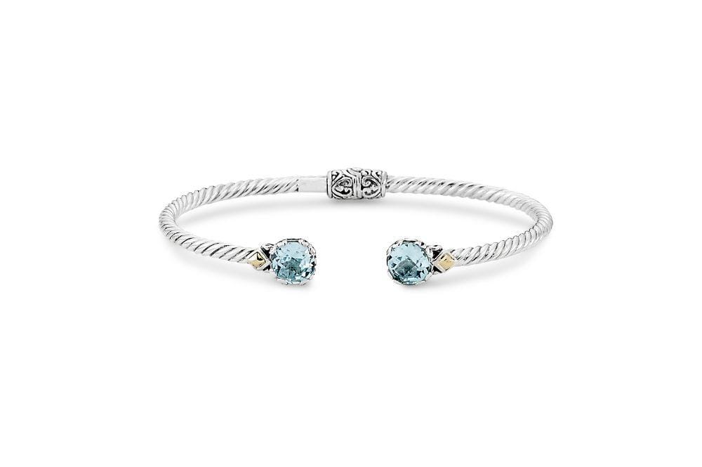 Birthday Collection Sterling Silver & 18K 7mm Round Blue Topaz Twisted Cable Bangle – 3mm