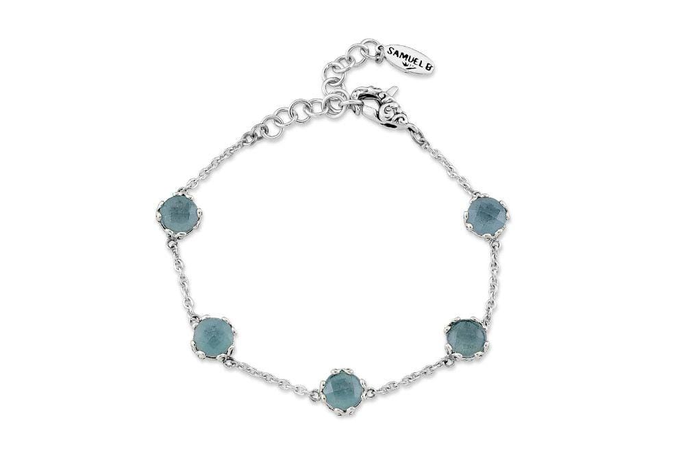 Birthday Collection Sterling Silver 7mm Round Aquamarine Station Bracelet