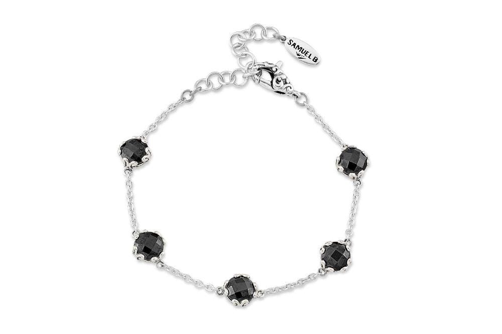 Birthday Collection Sterling Silver 7mm Round Black Spinel Station Bracelet
