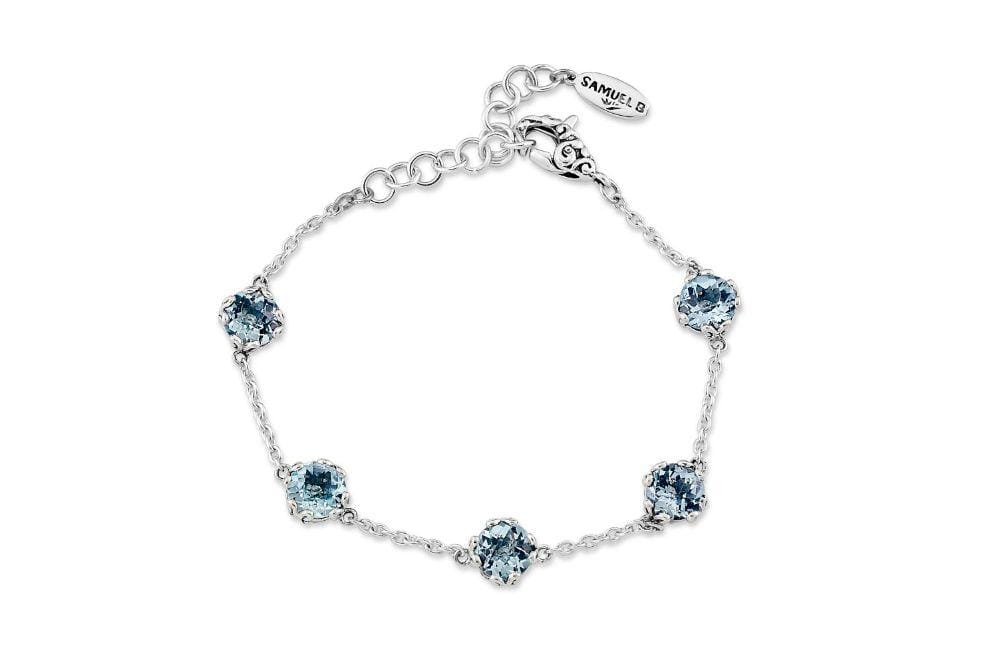 Birthday Collection Sterling Silver 7mm Round Blue Topaz Station Bracelet