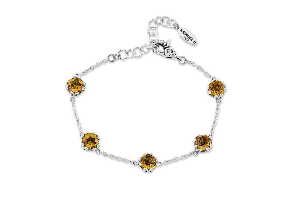 Birthday Collection Sterling Silver 7mm Round Citrine Station Bracelet