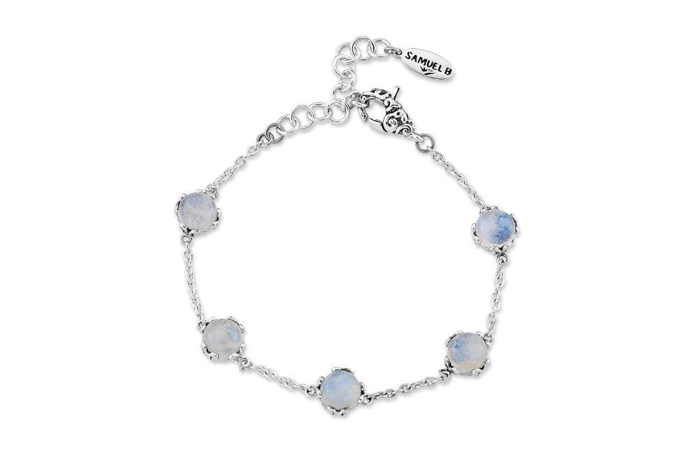 Birthday Collection Sterling Silver 7mm Round Rainbow Moonstone Station Bracelet