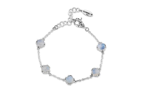 Load image 1 in gallery view. Birthday Collection Sterling Silver 7mm Round Rainbow Moonstone Station Bracelet