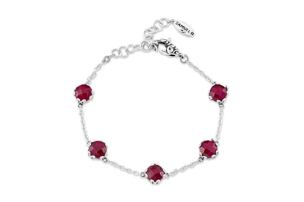 Birthday Collection Sterling Silver 7mm Round Ruby Station Bracelet