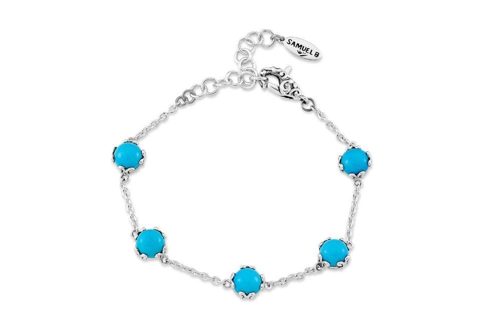 Birthday Collection Sterling Silver 7mm Round Sleeping Beauty Turquoise Station Bracelet