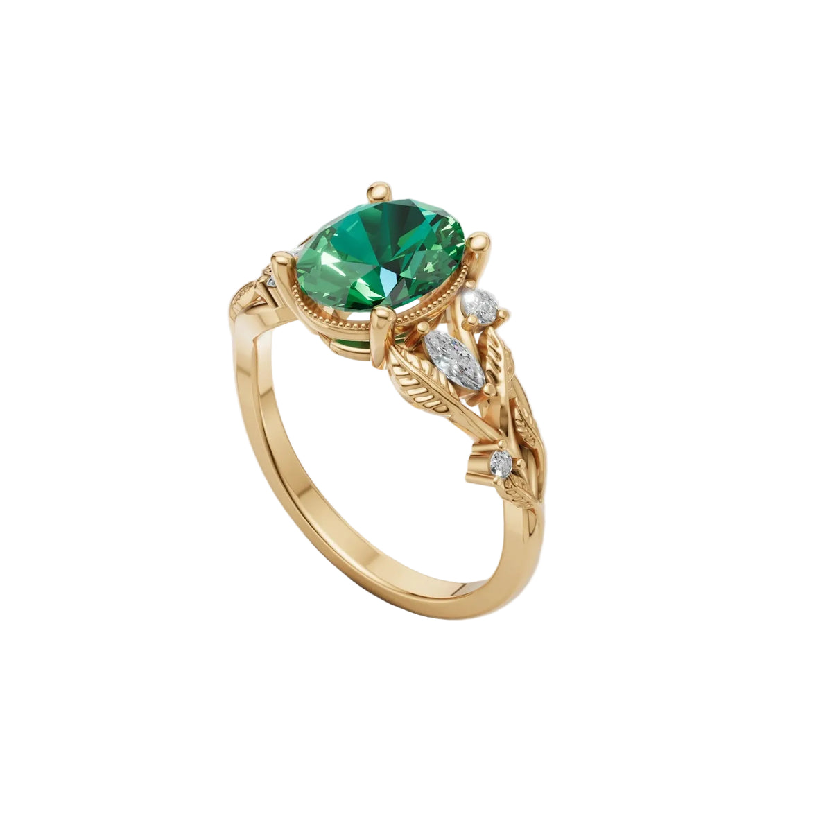 Design render of a custom 14K yellow gold engagement ring with an oval lab-grown green sapphire in four prongs, on a leaf and vine shank with marquise and round lab-grown diamonds