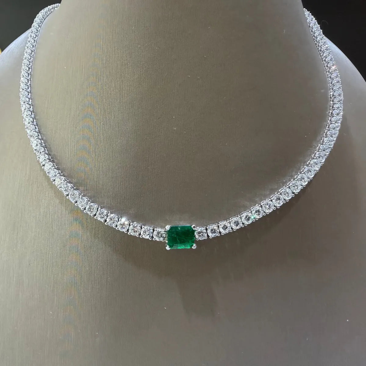 Custom Order Custom 14K White Gold Lab-Grown Diamond Tennis Necklace with Emerald Accent