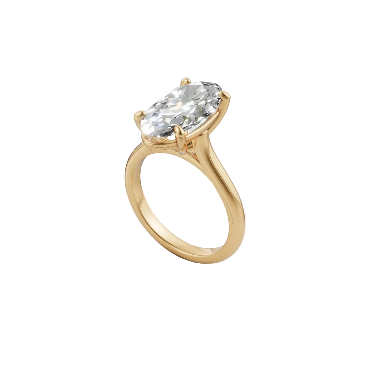 CAD render of a 14K yellow gold moval cathedral solitaire engagement ring with a 3.08 ct lab-grown moval diamond in four prongs, custom design by Farsi Jewelers