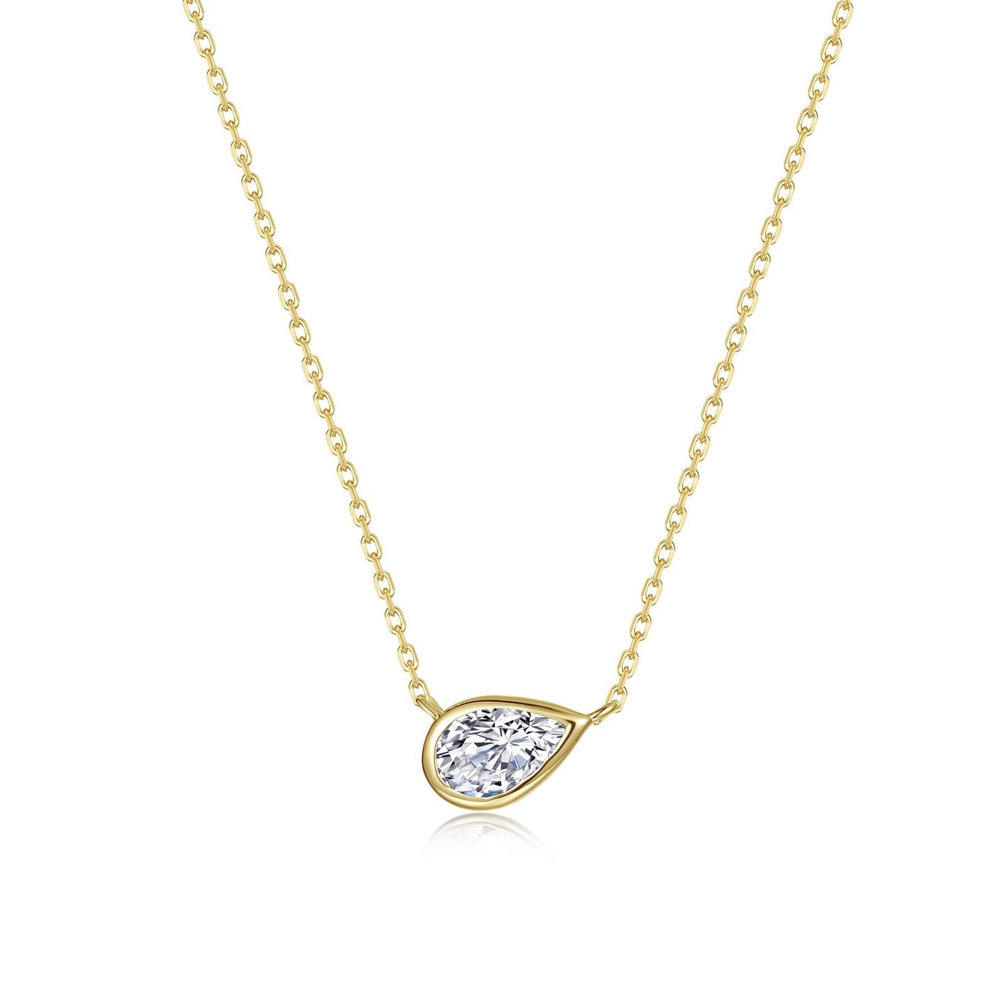 Lafonn's own product photo of the east-west bezel pear solitaire necklace in gold-finished sterling silver