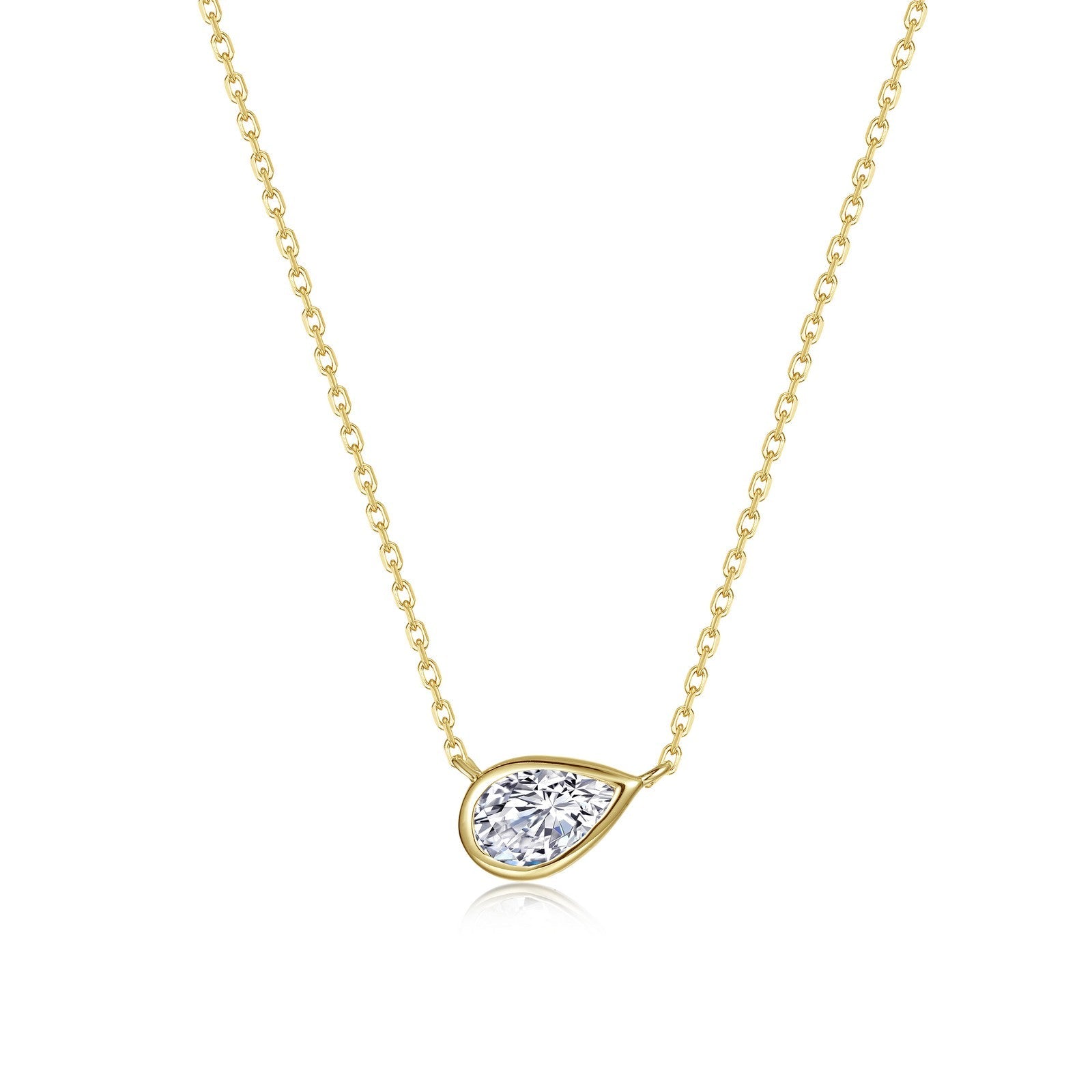 Lafonn's own product photo of the east-west bezel pear solitaire necklace in gold-finished sterling silver