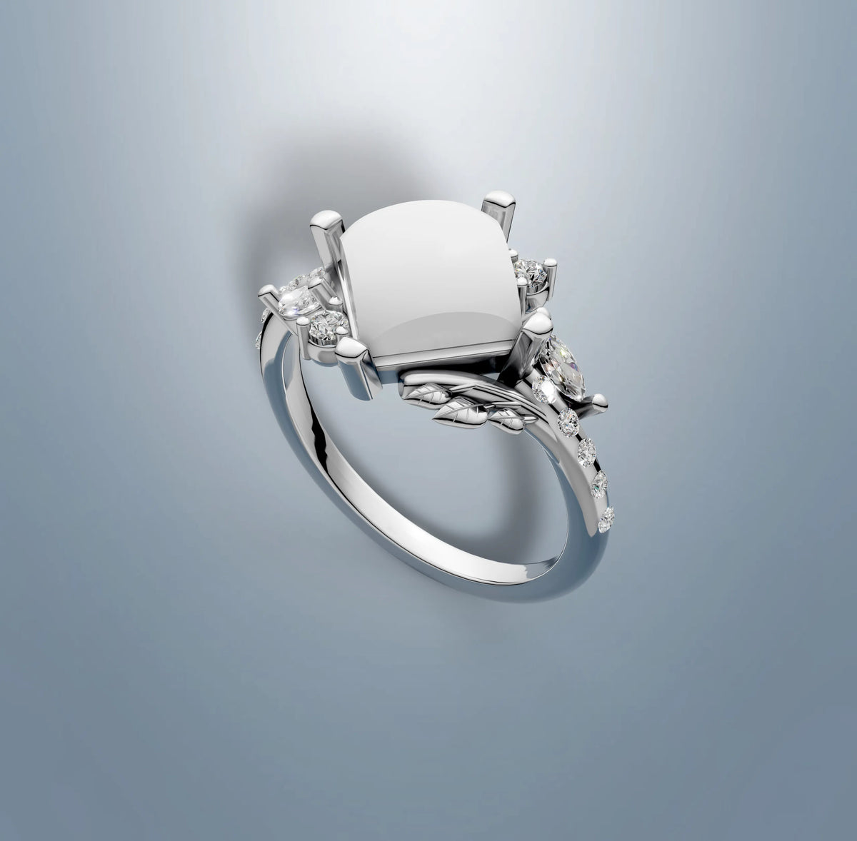 Design rendering of the square opal engagement ring, with leaf detail on the shank, marquise amethyst accents and lab-grown diamond accents