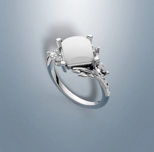Load image 1 in gallery view. Design rendering of the square opal engagement ring, with leaf detail on the shank, marquise amethyst accents and lab-grown diamond accents