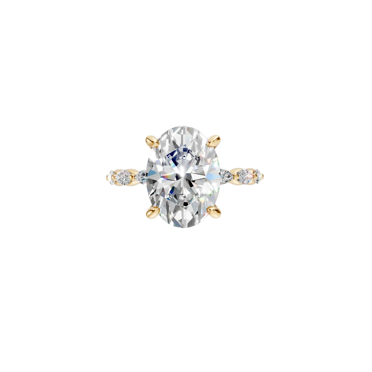 3 ct oval lab-grown diamond engagement ring with marquise side stones, 14K yellow gold, front view