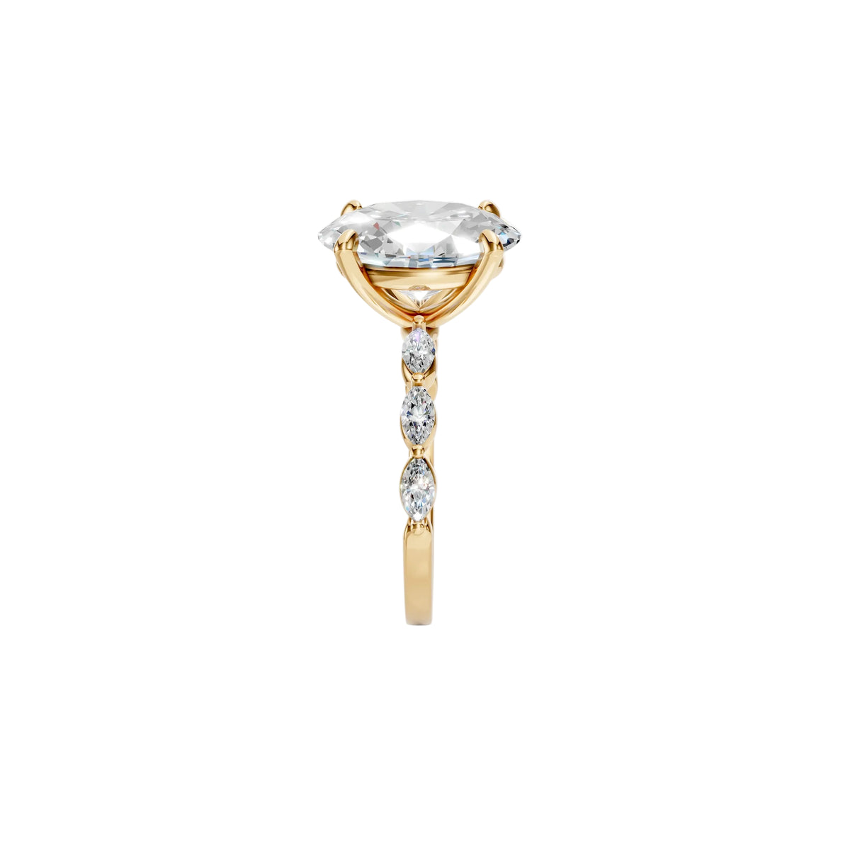 3 ct oval lab-grown diamond engagement ring with marquise side stones, 14K yellow gold, side view showing the four prongs and straight band