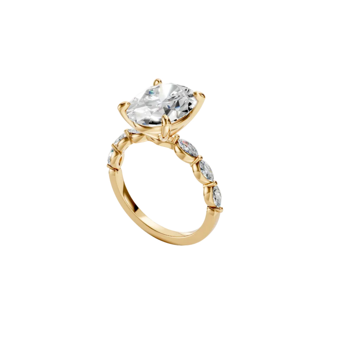CAD render of a 3 ct oval lab-grown diamond engagement ring with three shared-prong marquise side stones on each shoulder, 14K yellow gold, angled view