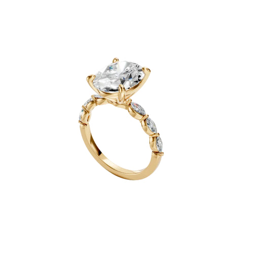 Load image 1 in gallery view. CAD render of a 3 ct oval lab-grown diamond engagement ring with three shared-prong marquise side stones on each shoulder, 14K yellow gold, angled view