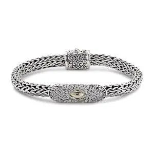 SS/18K 7MM WOVEN CHAIN BAR BRACELET W/ PAVE WHITE TOPAZ  Farsi Jewelers