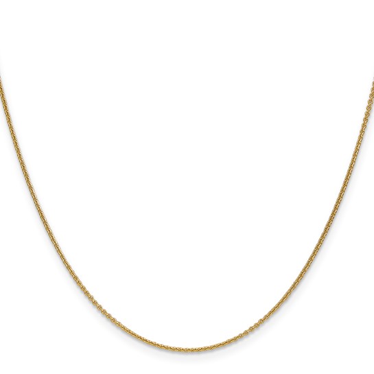 14K yellow gold 1 mm cable chain shown at full length on white.