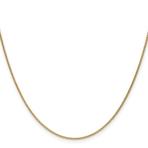 Load image 1 in gallery view. 14K yellow gold 1 mm cable chain shown at full length on white.