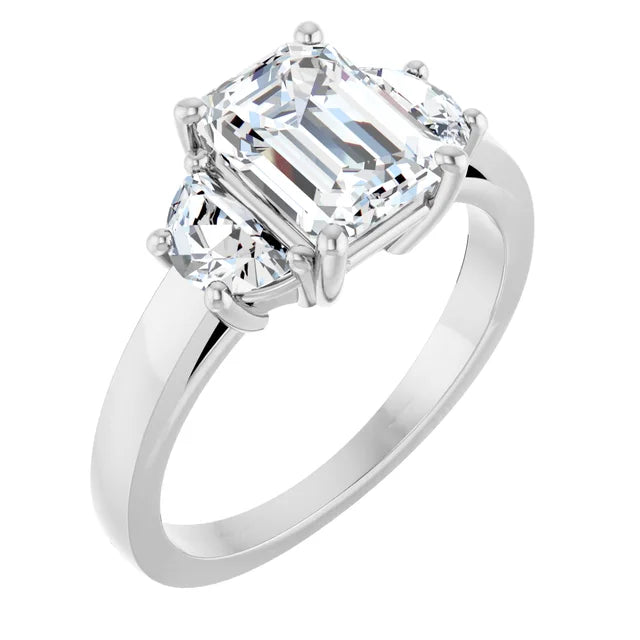 Platinum 1.50 CT Emerald Cut Engagement Ring with Half Moon Diamond
