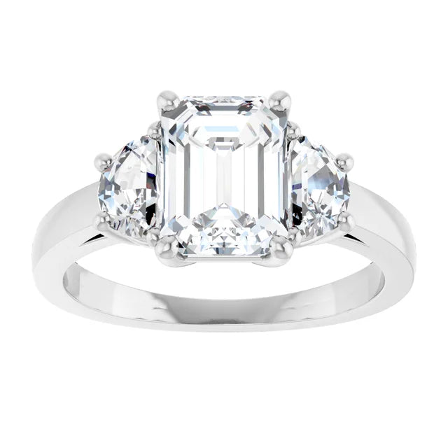 Platinum 1.50 CT Emerald Cut Engagement Ring with Half Moon Diamond